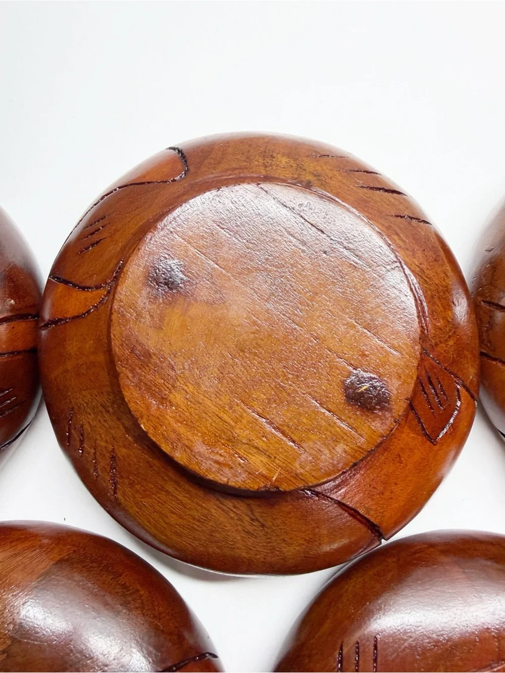 Vintage Hand Carved Floral Teakwood Salad Bowls Set of 5